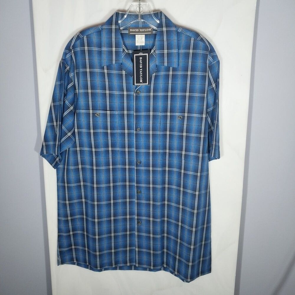 Mens Blue Plaid Button Front Shirt USA Made Short Sleeve NWT Size Large